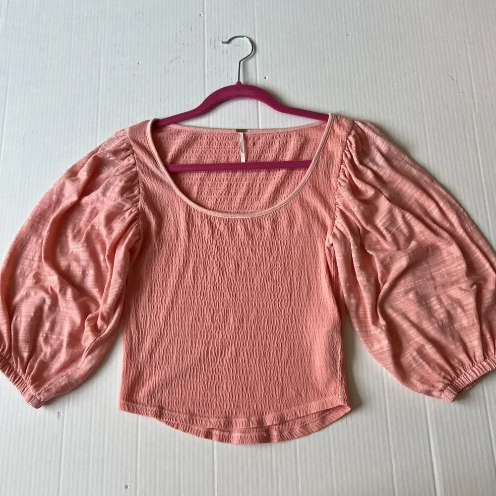 Free People Day Lily Puff Sleeve Blouse Top Women's Size S Coral Pink Boho